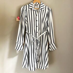 ASOS Black + White Striped Belted Button Down Shirt Dress w/ Trumpet Sleeves